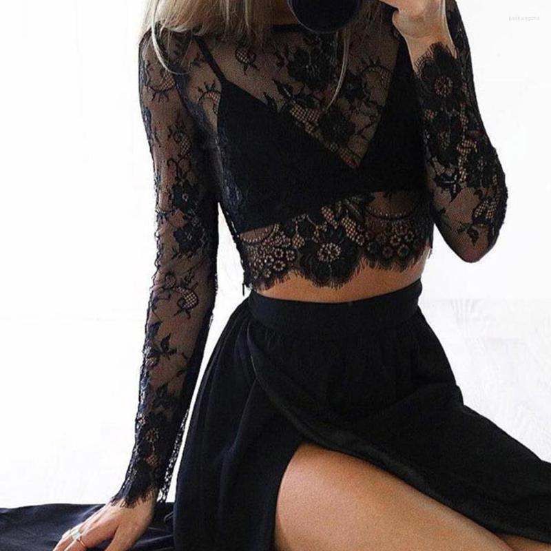 

Women' Blouses Net Gauze Long Sleeve Slender Body Short Paragraph Woman Mesh Long-sleeved Slim-fit Perspective Navel Sexy Style Lace Top, Black