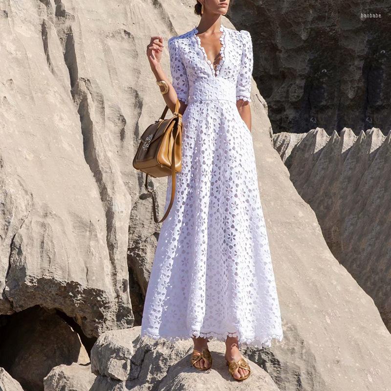 

Casual Dresses Elegant White Maxi Dress For Women V Neck Half Sleeve High Waist Hollow Out Slim 2022 Autumn Style Fashion