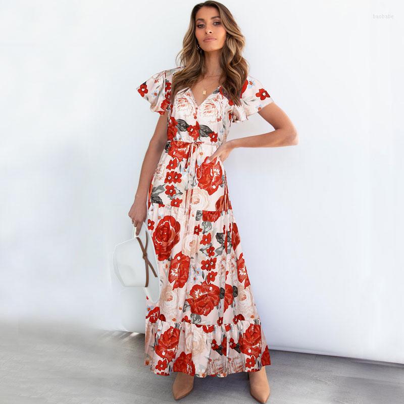 

Casual Dresses 2022 Summer Maxi Floral Dress Women Long Boho Party Holiday Short Sleeve Flower Robes 2XL For, Beige