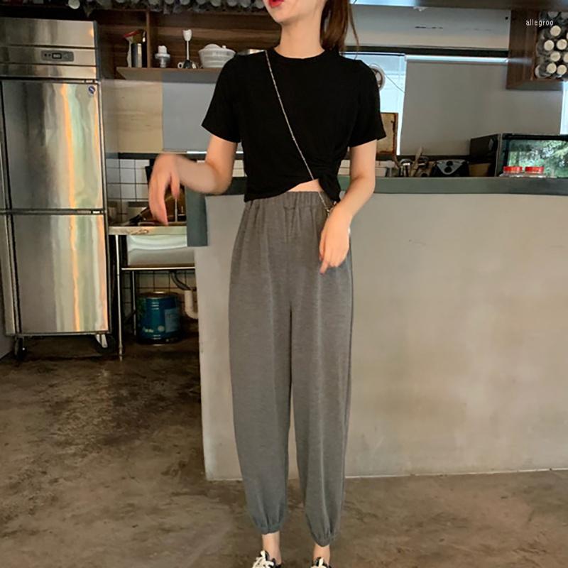 

Women's Two Piece Pants Women Knot T-Shirt Top Ankle Length Harem 2 Pieces Set Fashion O-Neck Solid Pullover Tshirt And, Black