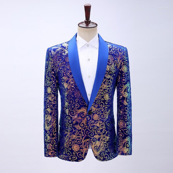 

Men's Suits Men's Velveteen Suit Moire Sequins Color Matching Blazer Host Singer Dress Sapphire Blue Fruit Collar Stage Black Fashion