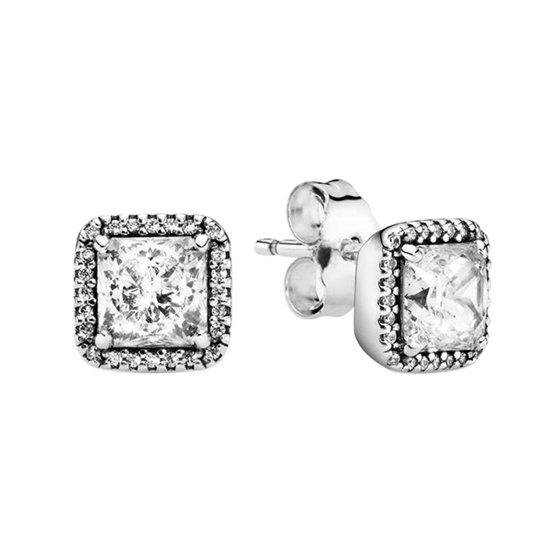 

Square Sparkle Halo Stud Earrings Real Sterling Silver Women Girls Wedding Gift Jewelry with Original Box for Pandora CZ diamond Earring Set