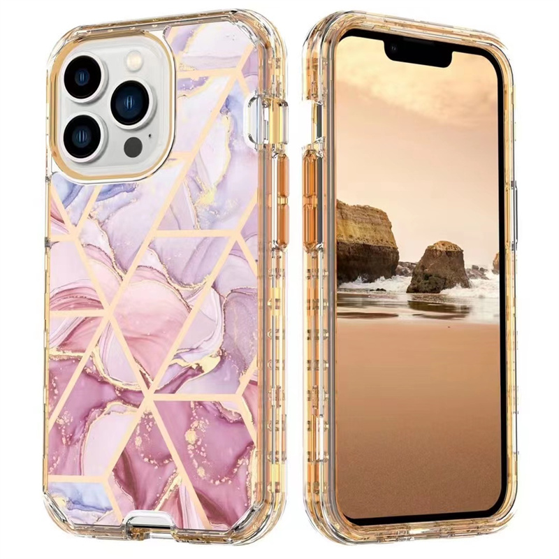 

3 In 1 Marble phone Case For Iphone 14 Pro Max 13 12 Luxury Heavy Duty Shockproof Full Body Protection TPU Hard Cover for IP 11 7 plus, Mix color