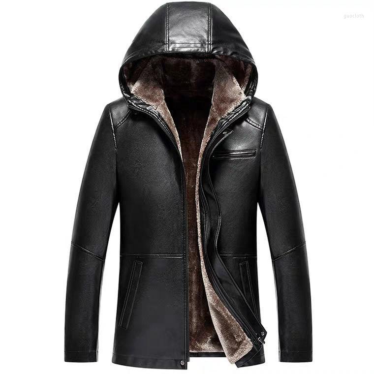 

Men's Leather Autumn Winter Men Real Geunine Sheepskin Jackets Hooded Lether Coats Fur Liner Slim Solid Outwear, Black