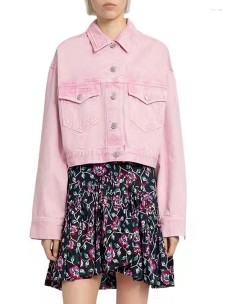 

Women' Jackets Women' Women All-Match Pink Denim Jacket With Pockets Ladies Single-Breasted Long Sleeve Turn-Down Collar Short Coat