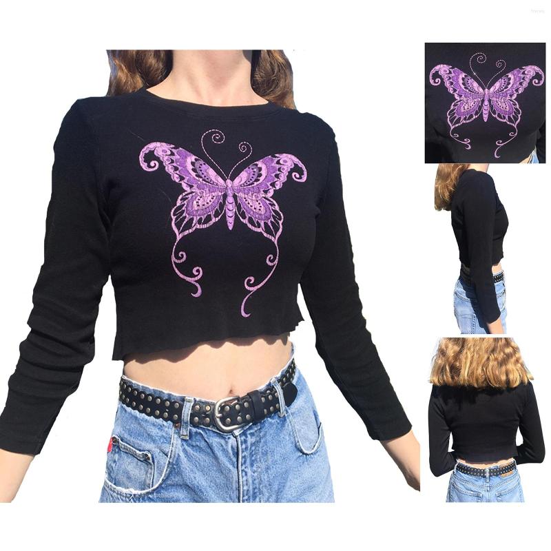 

Women' T Shirts Hirigin Fashion Women Y2k Casual Short Crop Tops Adults Autumn Butterfly Print Long Sleeve Round Neck Base T-shirt For, Black
