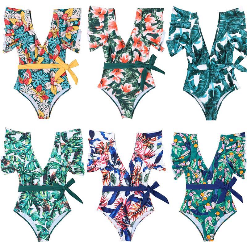 

Swimwears Tropical Ruffle Sleeve Women' Swimsuit One-Piece Sexy Deep V Swimming Monokini Tummy Control Belt Female Bodysuit