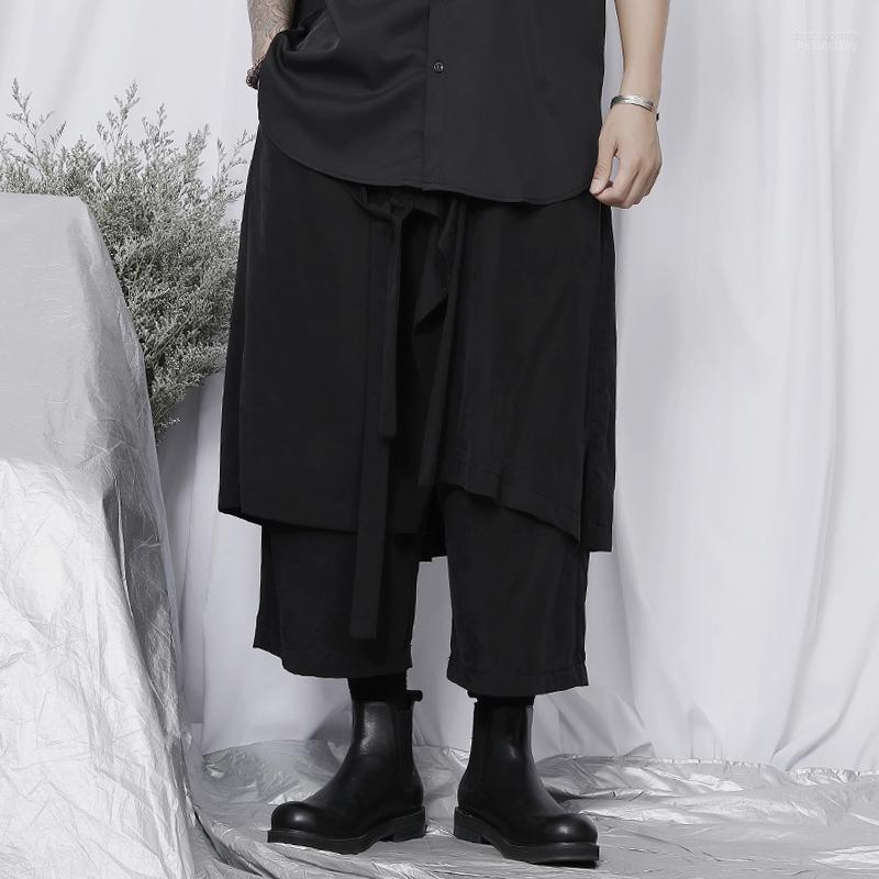 

Men's Pants Harajuku Ribbons Loose Fake Two-piece Skirt For Men And Women Irregular Wide-leg Nine Points Casual Men's, Black