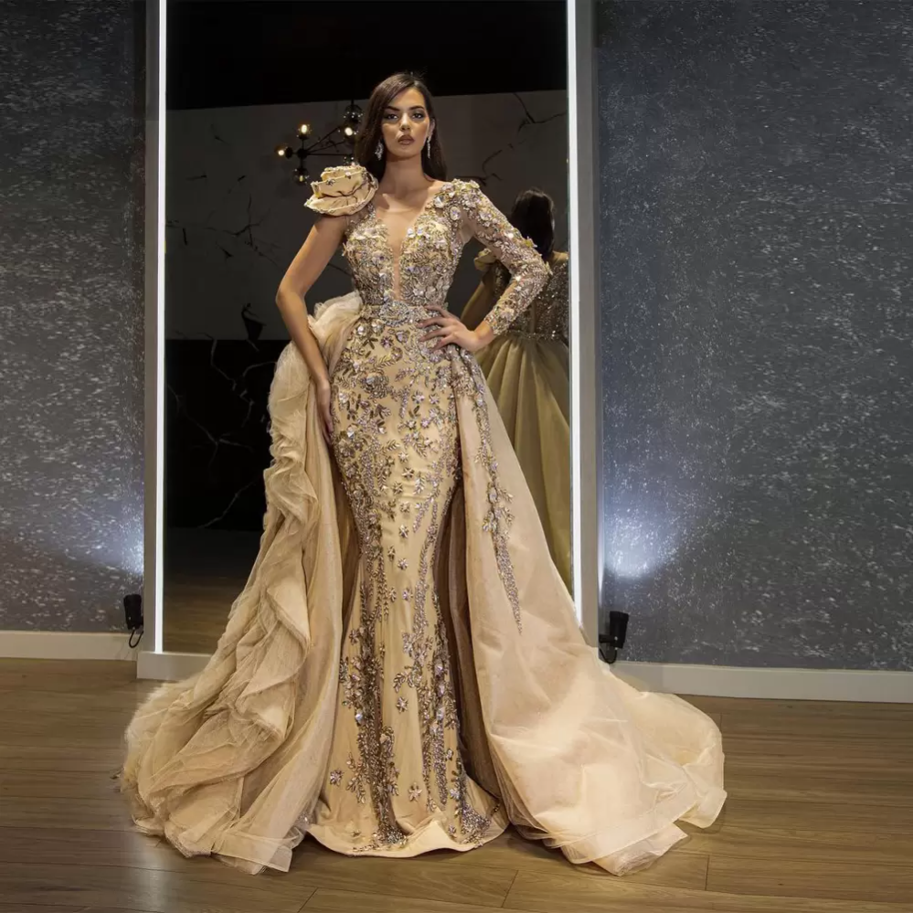 

Luxurious Yellow Rhinestones Prom Dresses Crystals 3D Appliques Evening Dress Custom Made Detachable Train Flowers Red Carpet Celebrity Party Gown wly935, Orange