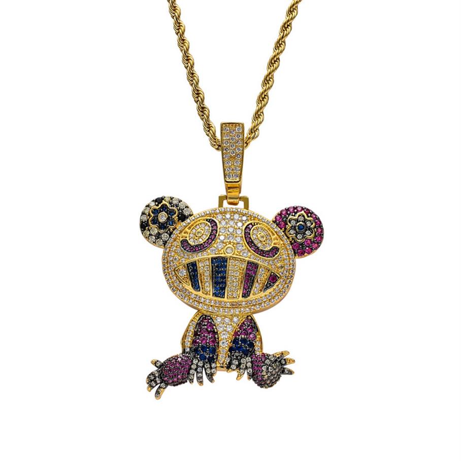 

18K Yellow Gold Multi-color Iced Murakami Panda Pendant Necklace Micro Paved Zircon Mens Hip Hop Jewelry219Z