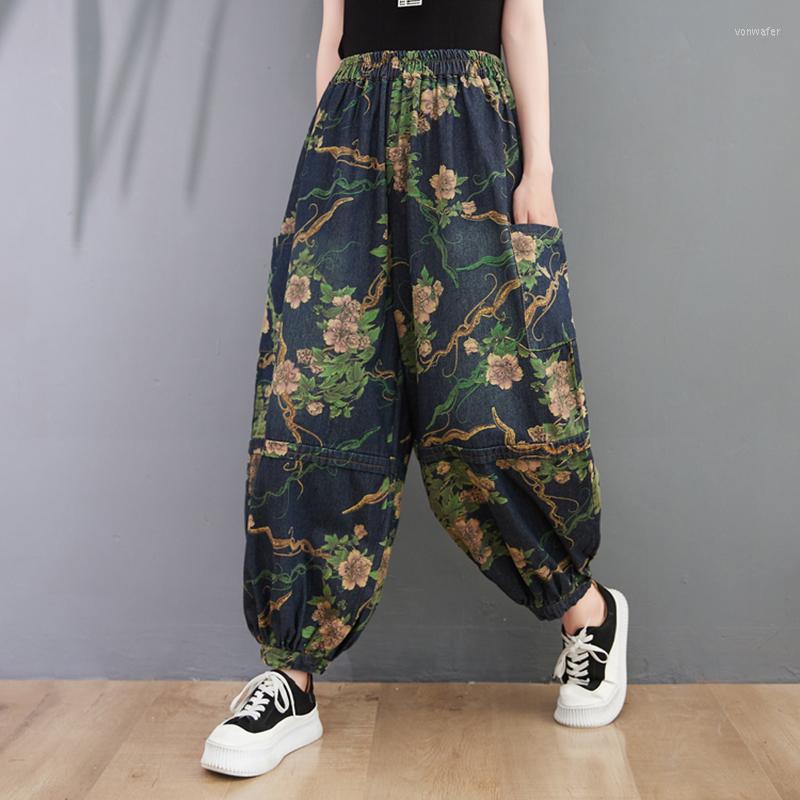 

Women's Jeans Arrival 2022 Spring Summer Arts Style Women Elastic Waist Cotton Denim Harem Pants Vintage Flower Print Loose C166, Picture color