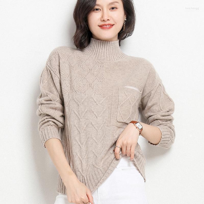 

Women's Sweaters Women's Autumn And Winter Half Turtleneck Sweater Pullover Thick Loose Outer Wear Lazy Style Knitted 100 Pure Wool, Elegant camel