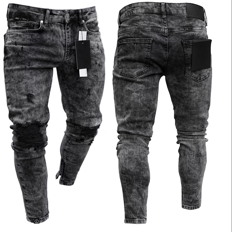 

Mens Jeans Biker Distressed Stretch Ripped Men Hip Hop Slim Fit Holes Punk Zipper Pure Color Denim Pants 221008, Black