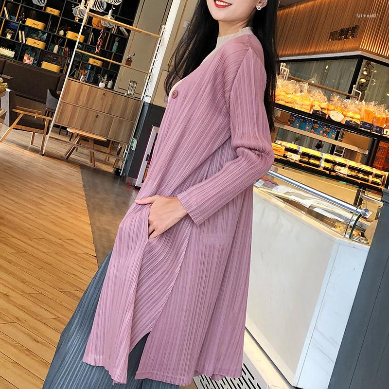 

Women's Trench Coats Miyake Pleated Long Sleeve Women's Medium Length Large Size One Button Cardigan Autumn Coat Manteau Free Ship, Black