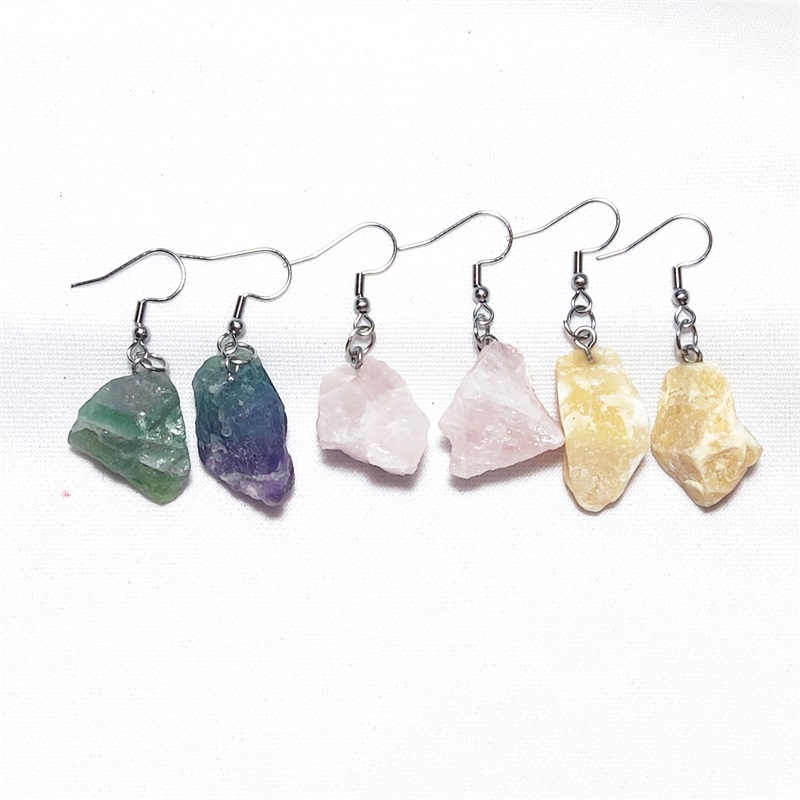 

Irregular Rough Raw Ore Natural Stone Charms Earrings Fluorite Amethysts Quartz Crystal Agates Stainless Steel Hook Earrings