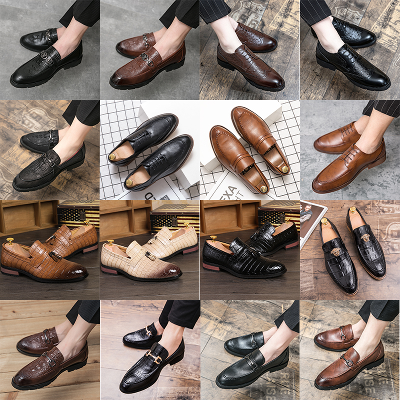 

High-grade brogue oxford shoes pointed leather shoes carved fish scale pattern tassel metal buckle men's fashion formal casual one foot stirrup large sizes 38-47, 578 black