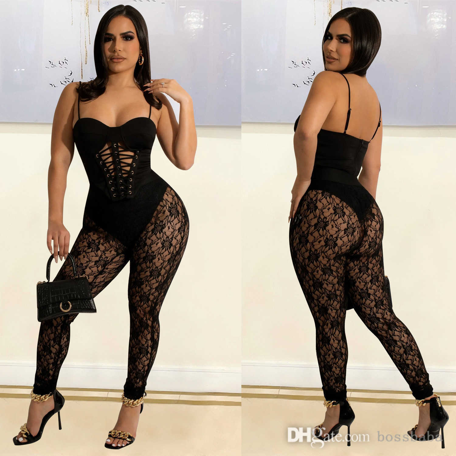 

Sexy Lace Hook Flower Perspective Leggings Pants For Women Summer New Clothing, Black