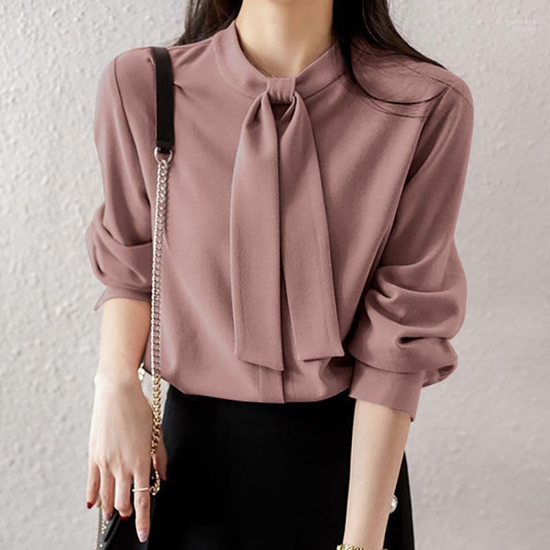 

Women's Blouses Women's & Shirts 2022 Lady Work Solid Elegant Spring Bow Femme Button Long Sleeve Blusas Casual Hollow Women' S, Pink