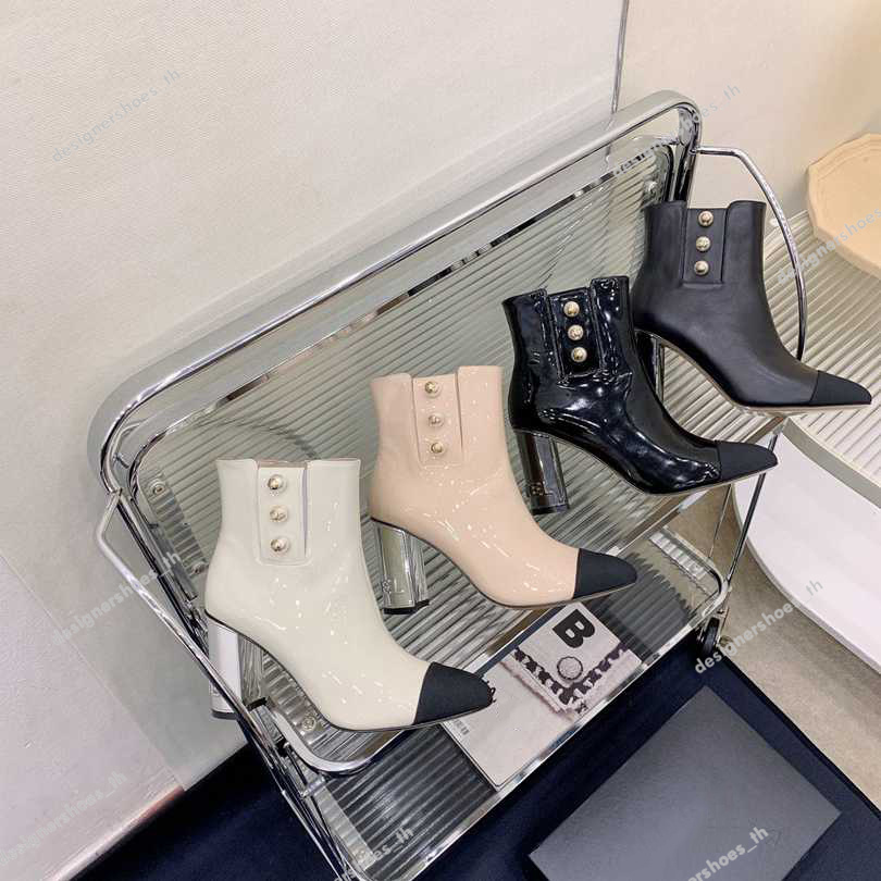 

Designer Boot Womens Ankle Black Calfskin Boots Platform Shoes Battle Bootiess Low Chain Logo Button Pearl Women Luxury High Heel Wood Floor Boots