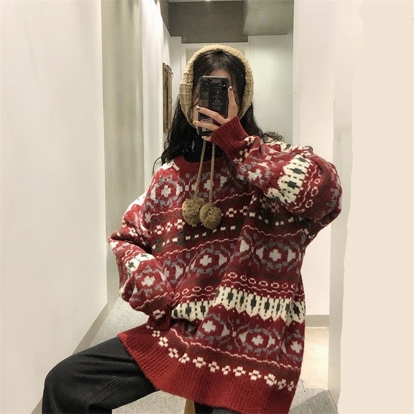 

Womens Sweaters Winter Christmas Knitted Sweater Women Red Oversize Warm Pullover Autumn Harajuku Vintage Couple Korean Longsleeved Tops 221008