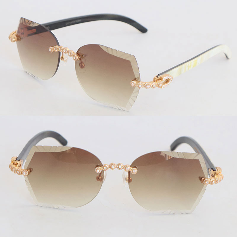 

Luxury Moissanite Diamond Set Rimless Sunglasses Womans Original White Inside Black Buffalo Horn Men 8200762 Carved lens Sun Glasses Male and Female 18K Gold Size 60