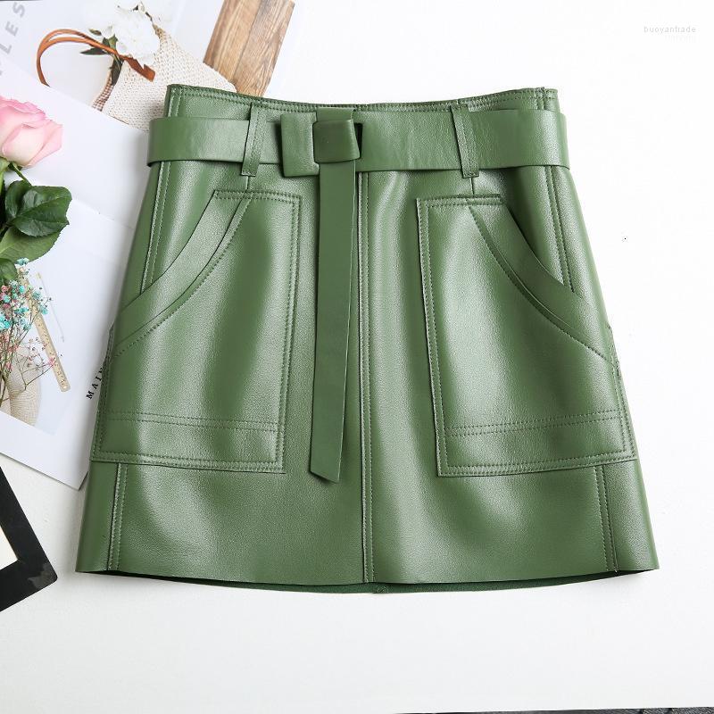 

Skirts Genuine Leather Skirt Women Real Sheepskin Natural Sheep Lady High Waist Mini Short Green Black Pockets Belt Casual Solid