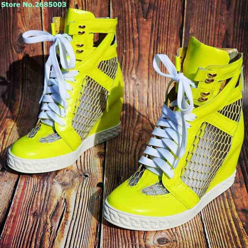

Mesh Lace Up Wedges Pumps Mixed Colors Ankle Cross Tied Back Zipper Women Summer Spring Party Dress Sneaker Shoes, As pic 3
