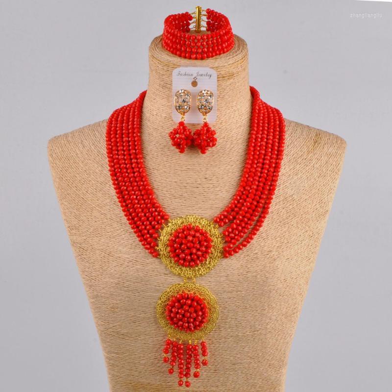 

Necklace Earrings Set & Opaque Red African Beads Jewelry Crystal Nigerian Costume Wedding Sets For Women 6CLS01, Picture shown