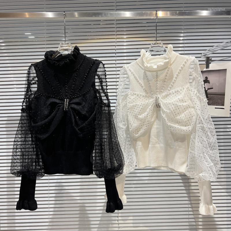 

Women' Blouses 2022 Autumn Pearl Bow Polka Dot Mesh Sleeves Knitwear Shirt Sweet Girls White Black Knit Shirts Elegant Thin Sweater Women