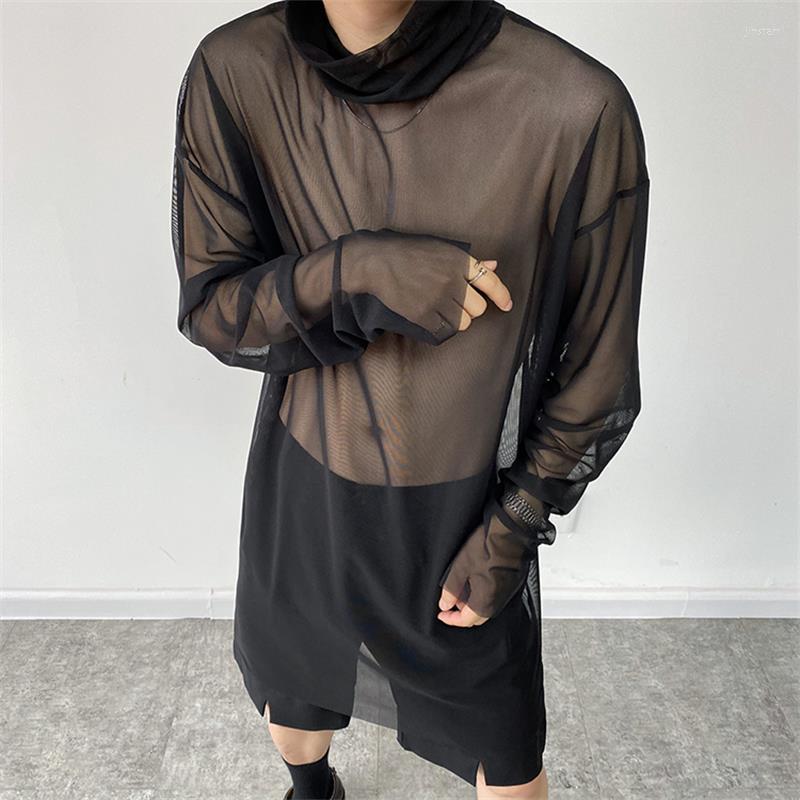 

Men' T Shirts Men Long Sleeve T-Shirt Spring And Autumn Small High Collar In Sexy Mesh Leisure Loose Large Size, Black