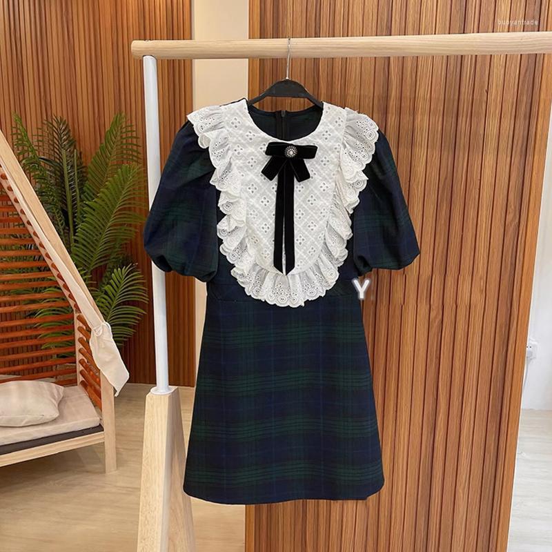 

Casual Dresses Preppy Style Bow Plaid Dress Women 2022 Summer Korean Short Sleeve Ruffles Lace Patchwork Mini VestidosCasual, Blue