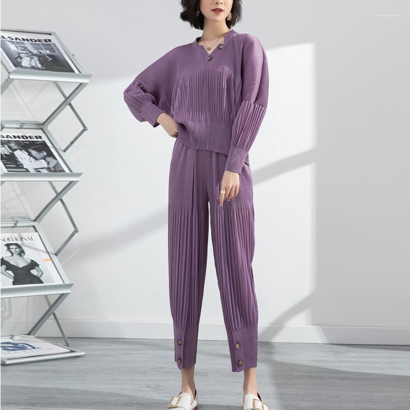 

Women's Two Piece Pants Women's 2022 Miyake Pleated Women Suit Coat Notched Sets Long Sleeve Top Elastic Harem Trousers Female Summer, Purple