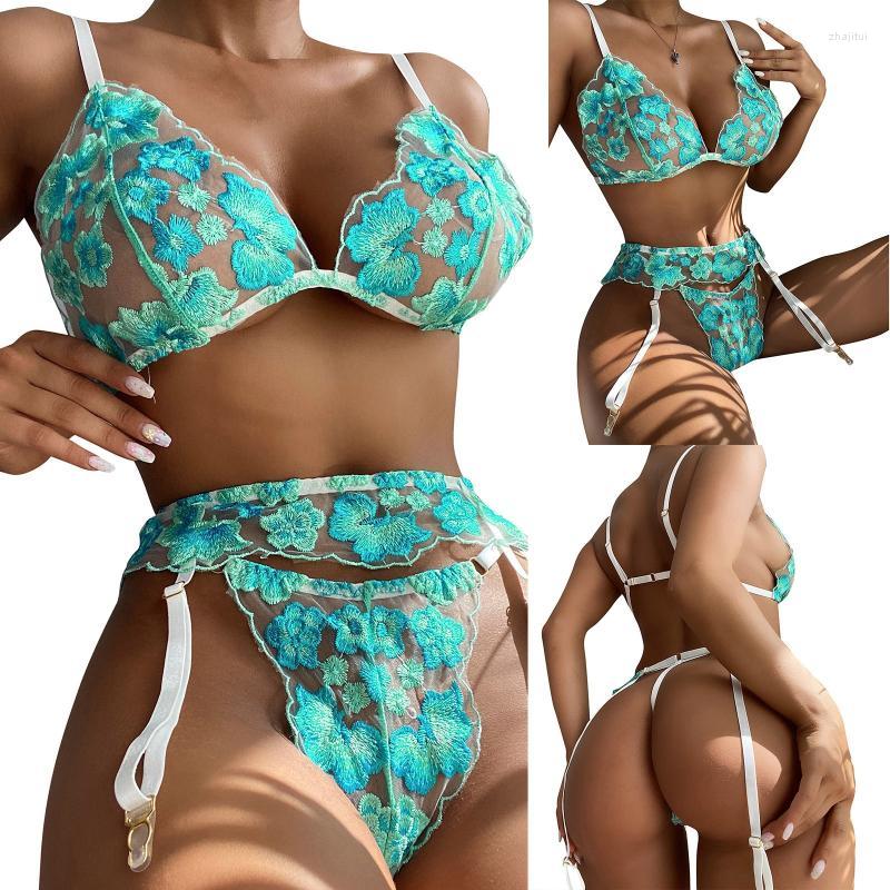 

Women' Sleepwear Women' Garter Women' Sexy Floral Suit Steel 3PC Thong Lingerie Ring Panties Bra Embroidery Kinky For, Blue
