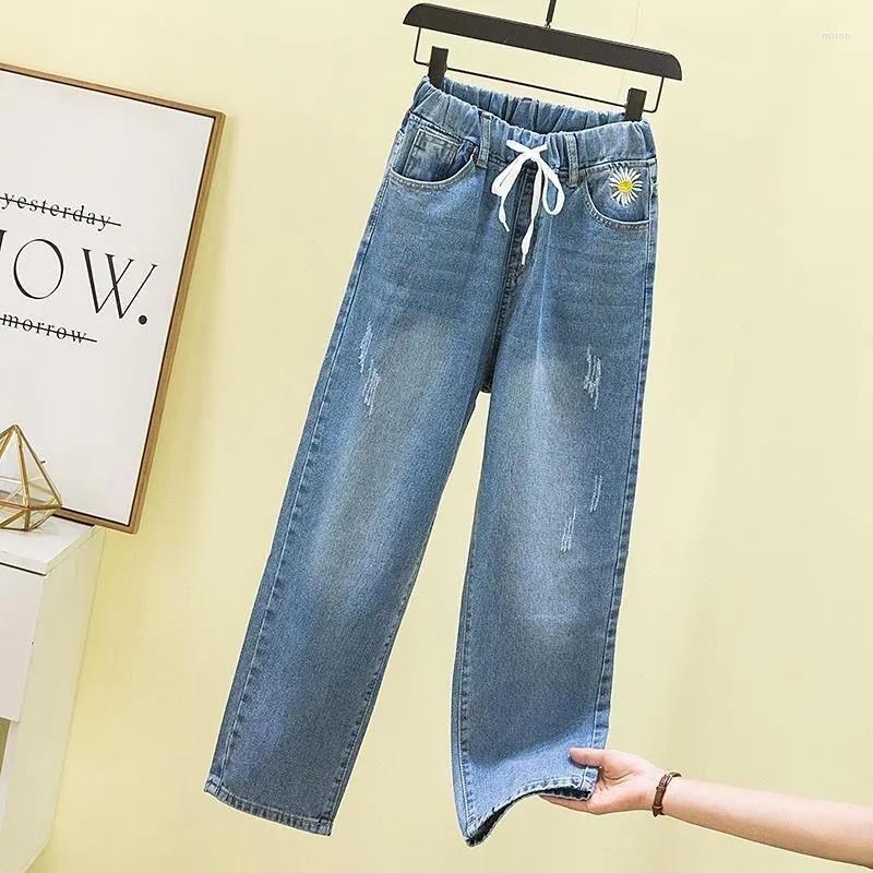 

Women' Jeans Autumn/Winter Small Daisy High Waist Ripped Harem Women' Cartoon Pattern Loose Straight Trousers Denim, Blue