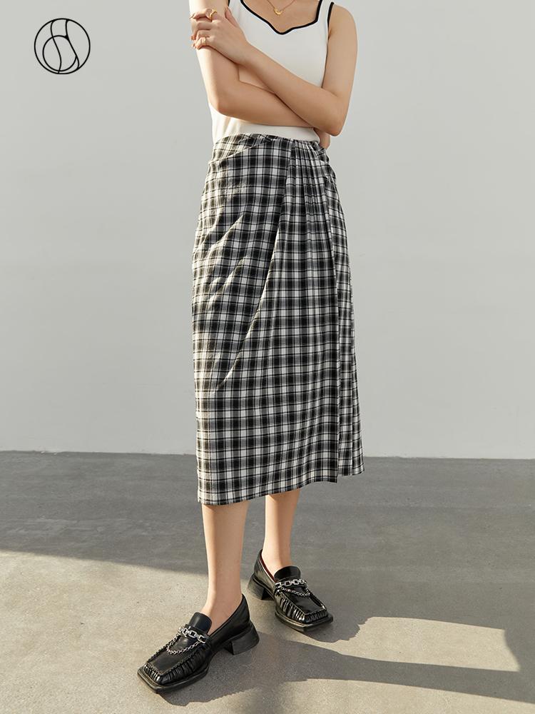 

Skirts DUSHU trojwymiarowy plisowane spodnice damskie jesien 2022 nowy proste cienkie wysokiej talii Slim w krate spodnica podmiejskich, Black white plaid