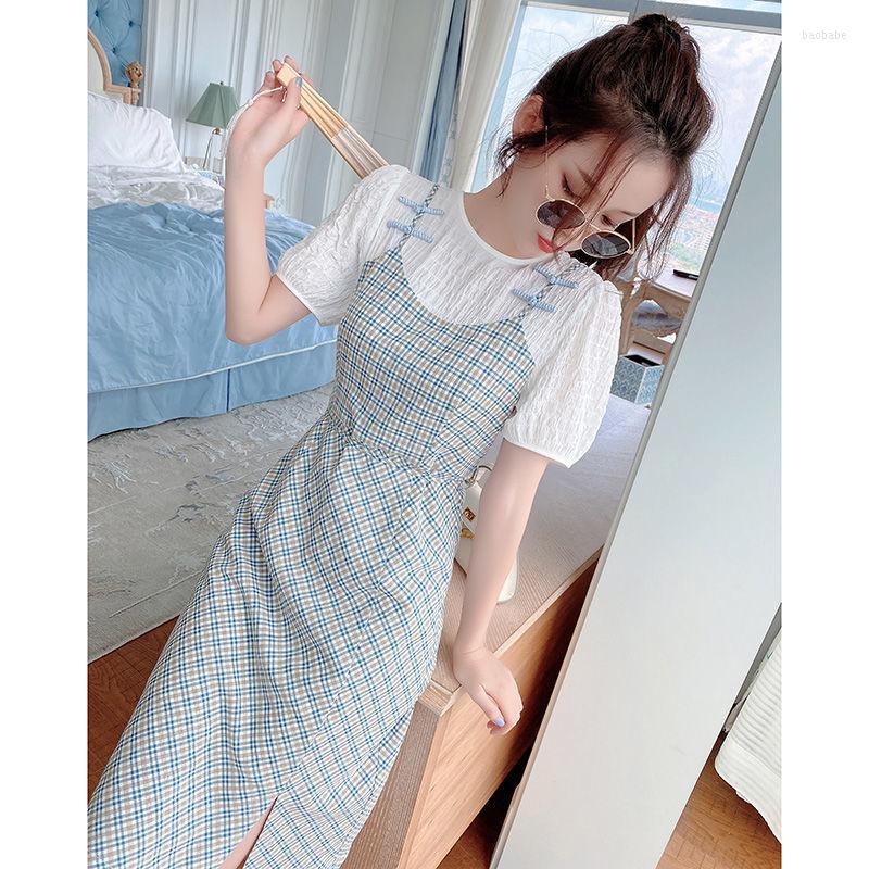 

Casual Dresses Vintage Chinese Style Plaid Women's Midi Summer 2022 Graceful Patchwork Puff Sleeve Lace Up Dress Lady Elegant Clothing