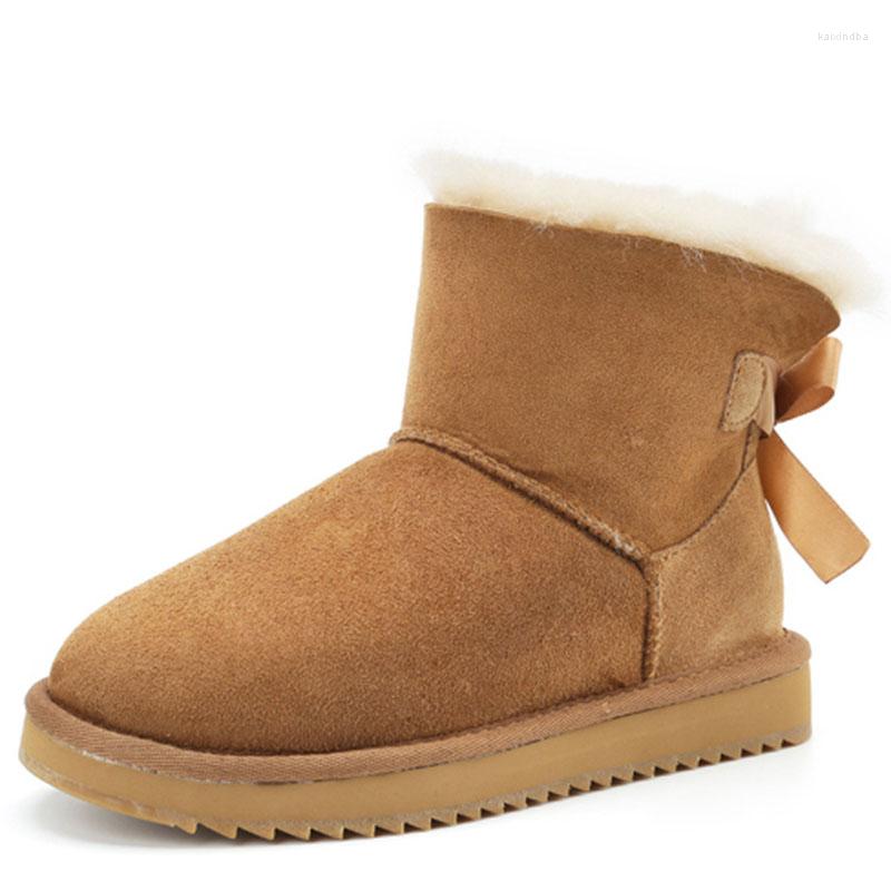 

Boots 2022 Fashion Bows Real Sheepskin Top Quality Women's Winter Woman Snow Mid Calf Genuine Women Shoes, Black