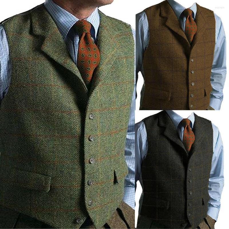 

Men' Vests Men' Tweed Check Tank Top Notched Lapel Vintage Wool Wedding, Brown