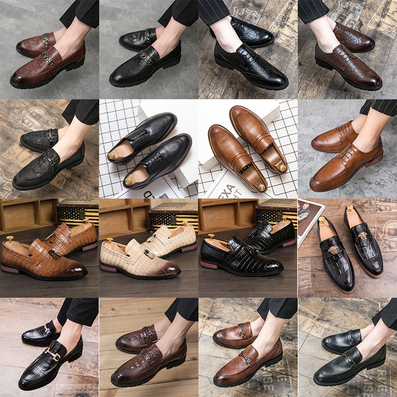 

High-grade brogue oxford shoes pointed leather shoes carved fish scale pattern tassel metal buckle men's fashion formal casual one foot stirrup multi-size 38-47, 589 brown