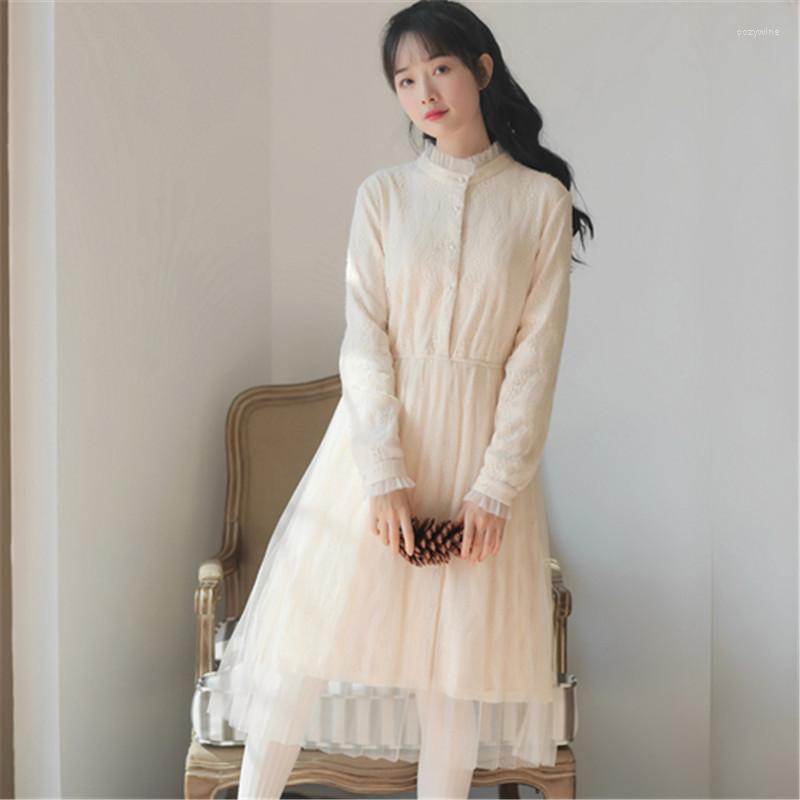 

Casual Dresses Lace Dress 2022 Spring Fashion Temperament O-neck Long Sleeve Wild Stitching Solid Color Women, Beige