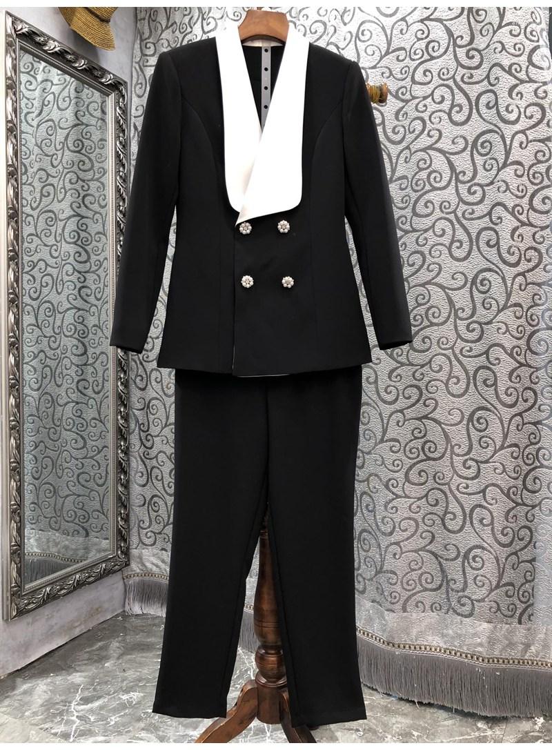 

Women' Two Piece Pants Top Quality Blazer Sets 2022 Autumn Winter 2 Pant Set Women White Notched Collar Suits & Capris Female, Picture shown