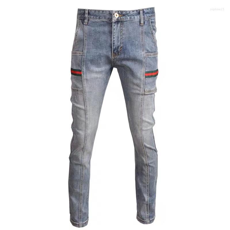 

Men's Jeans Autumn Light Blue Stitching Men's Slim Small Feet Elastic Fashion Personality Casual Trousers