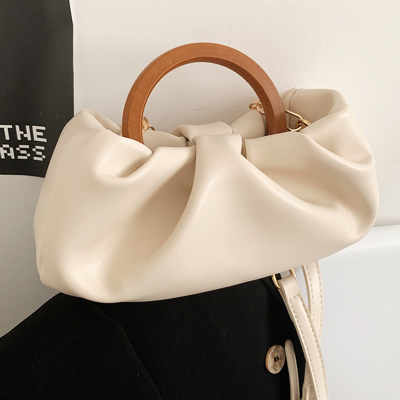 

Round handle women's shoulder bag solid color design small handbag fashion texture hand-held pleated cloud cross-body bag, Yellow