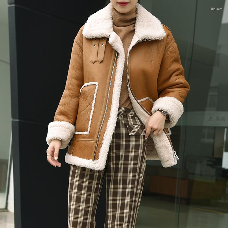 

Women's Leather 2022 Women Winter Jackets Motorcycle Sheepskin Coats Shearing Fur Lining Pockets Warm Solid Overcoat DJ3905, Dark brown
