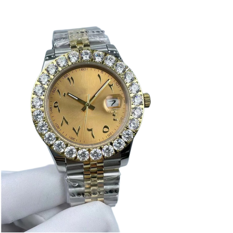 

Fashion Luxury Mens Watch 41mm Big Diamond Gold Yellow/green/grey/pink Face Full Stainless Steel Jubilee Original Strap Mens Automatic Mechanical Watches, Watch a