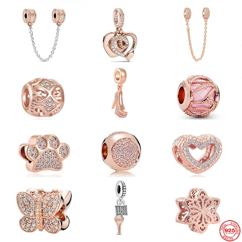 

925 Sterling Silver Dangle Charm Women Beads High Quality Jewelry Gift Wholesale New Shiny Rose Gold Safety Chain Pendant Dangle Bead Fit Pandora Bracelet DIY