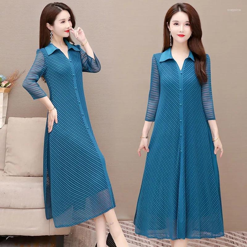 

Casual Dresses Patchwork Striped Mesh Vintage Dress Women Summer Plus Size 5XL Three Quarter Sleeve Shirt Mom's Loose Long, Blue