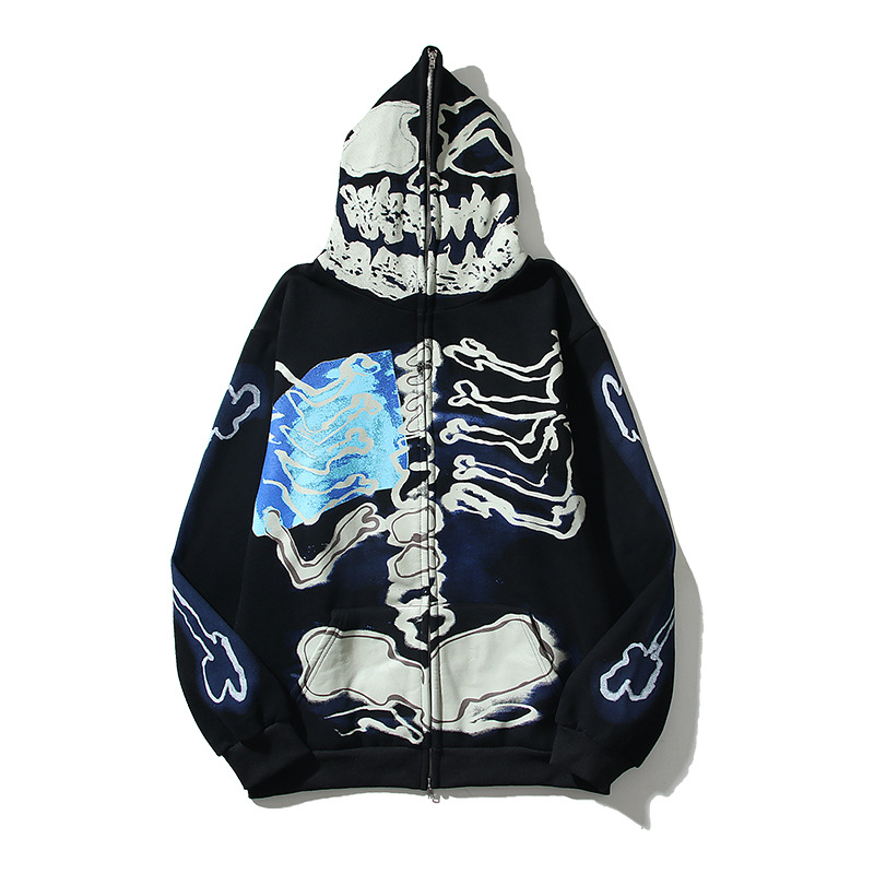 Hoodie Jacket Y2K Grunge Skull Skeleton Bones Print Emo Zip Up Hooded Sweatshirts Harajuku Casual Punk Gothic Men Clothes