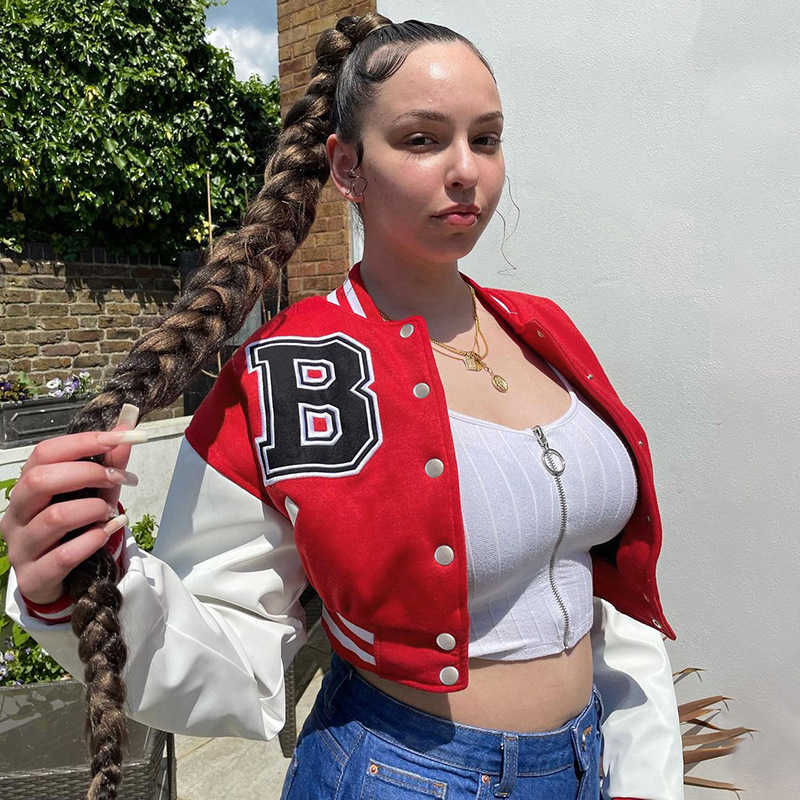 

Women's Jackets Varsity Baseball Bomber Jacket Women Hip Hop Letter Patchwork PU Leather Jackets Streetwear Single Breasted Coats Crop Topss T221008, Grey