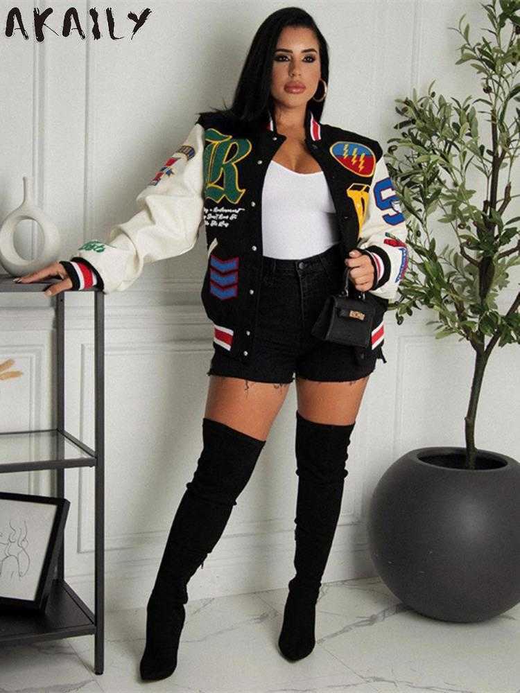 

Women's Jackets Akaily Autumn Patchwork Black Baseball Jackets For Women 2022 Print Long Sleeve Button Up Coats Female Bomber Varsity Jackets T221008, Orange